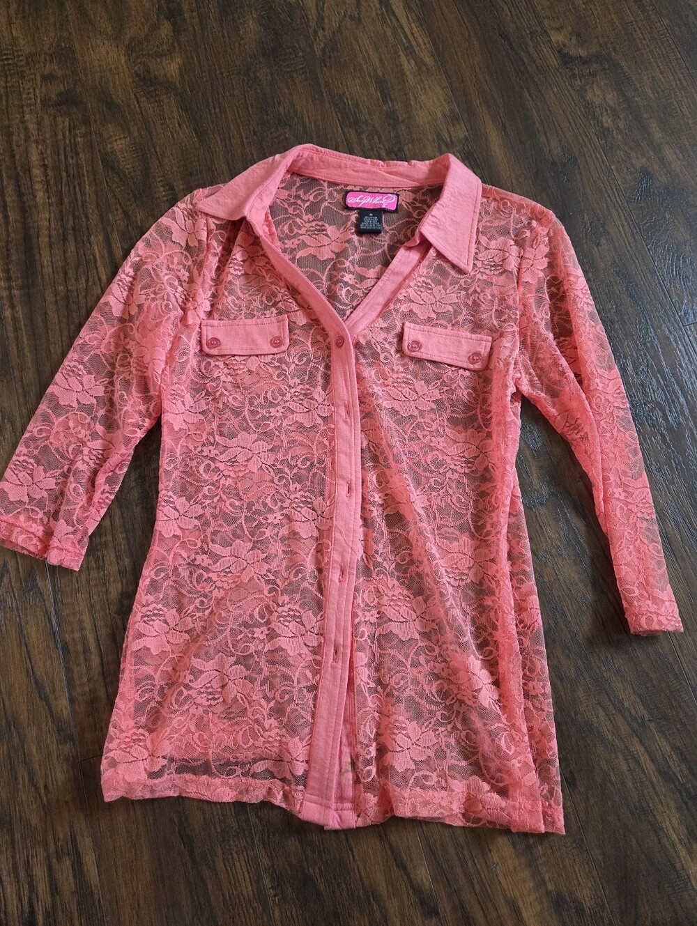 vintage-style sheer coral pink lace button-down shirt Size Medium